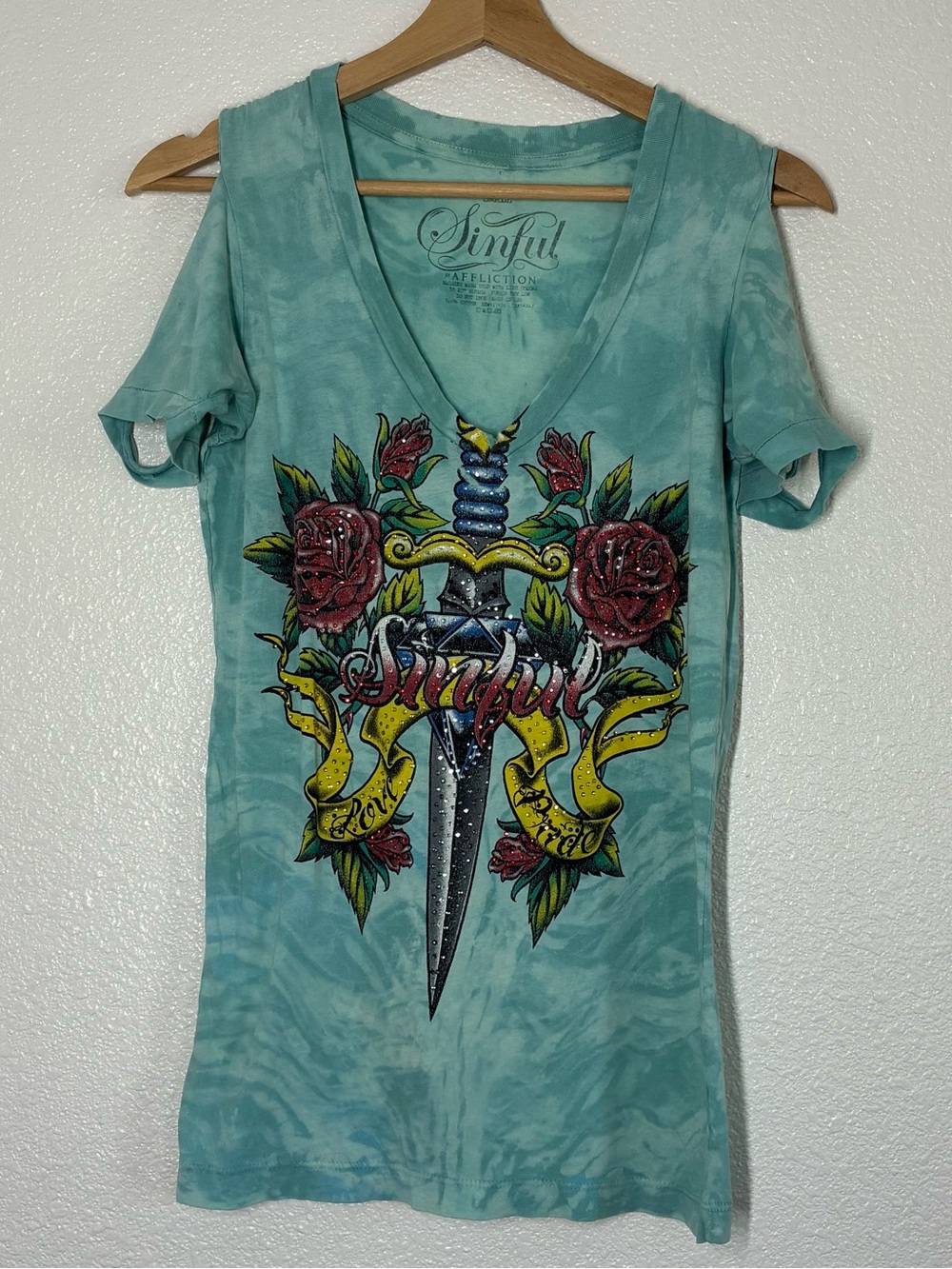 Sinful By Affliction Shirt Womens Small Blue Dagger Rhinestone Cutout Sleeve